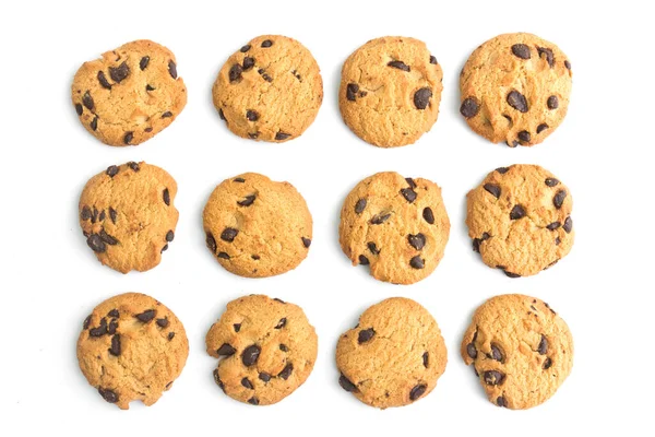 Homemade chocolate chips cookies on white background in top view — Stock Photo, Image