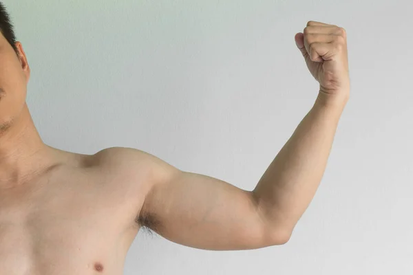 Aziatische Man Tonen Zijn Mager Arm — Stockfoto