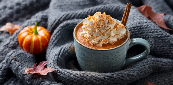 Pumpkin latte with spices. Boozy cocktail with whipped cream. Grey knitted background.