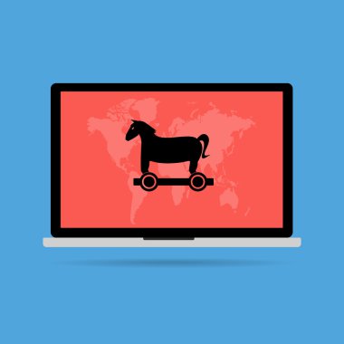 Truva atı malware bilgisayar virüsü dizüstü bilgisayarla iletişim dünya haritası. Vektör çizim teknoloji veri gizliliği ve güvenliği kavramı.