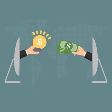 Banknot ve ampul bilgisayardan el ile eller iş internet online dünya harita arka plan üzerinde. İnfopreneur kavramı vektör düz tasarımı.
