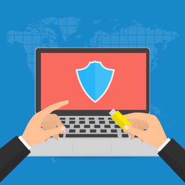 İşadamı el ile birden parlamak götürmek depolama ve nokta için kalkan bekçi ile ekran bilgisayar virüsü korumak. Vektör çizim teknoloji veri gizliliği ve güvenliği kavramı.