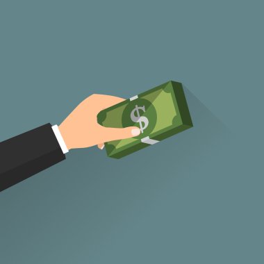 İş adamı el ile para banknot uzun gölge ile. Vektör illüstrasyon iş kavramı tasarım.