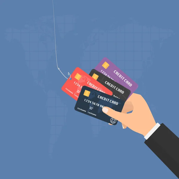 Zakenman hand met meerdere creditcards en visserij haak op wereld kaart achtergrond. Vector illustratie business conceptontwerp. — Stockvector