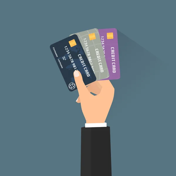 Zakelijke man hand met meerdere creditcards voor de betaling uit met lange schaduw. Vector illustratie business conceptontwerp. — Stockvector