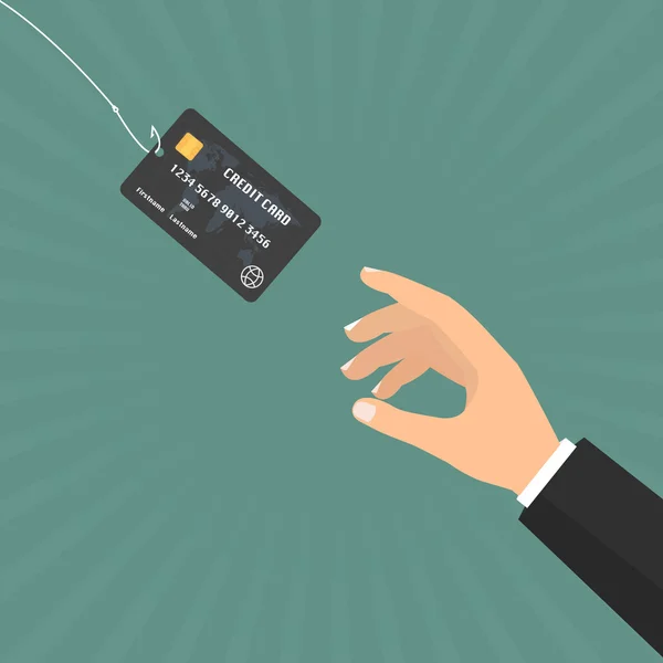 Businessman hand with credit card on fishing hook on sun ray background. Vector illustration business concept design. — Διανυσματικό Αρχείο
