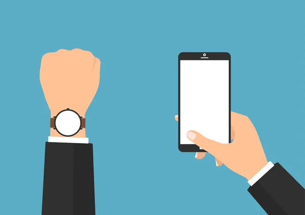 Main d'homme d'affaires tenant un smartphone tablette écran vierge avec écran vierge montre intelligente fond bleu. Illustration vectorielle flat design business technology concept . — Image vectorielle