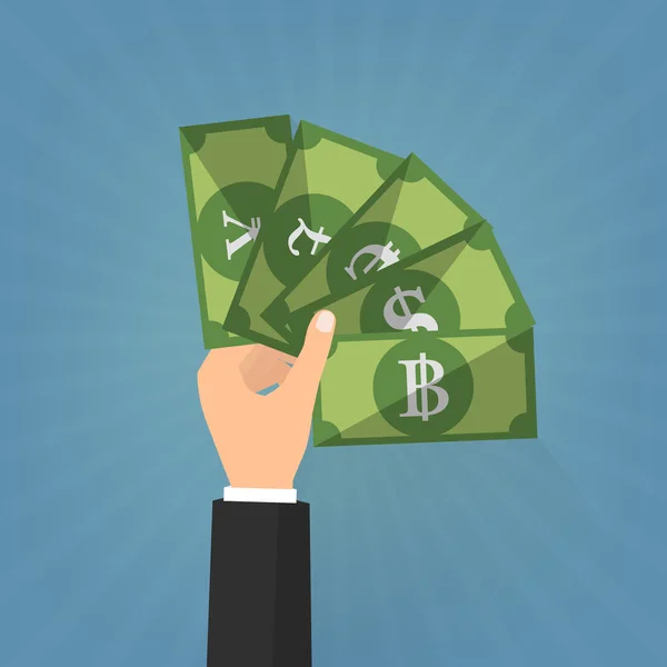Business man hand with money exchange on blue sunrays background. Vector illustration business concept design. — ストックベクタ