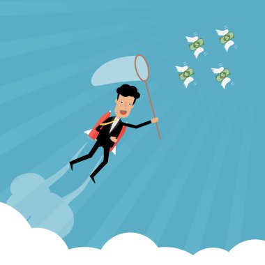 İşadamı roket ile gökyüzü bulut ve güneş üzerinde uçan para banknot yakalamak. Vektör illüstrasyon iş kavramı borsa kavramsal tasarım.