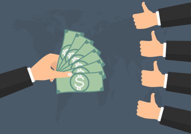 İşadamı yumruk atmak kadar dünya arka plan üzerinde banknot para için oy gibi. Vektör illüstrasyon iş kavramı tasarım.