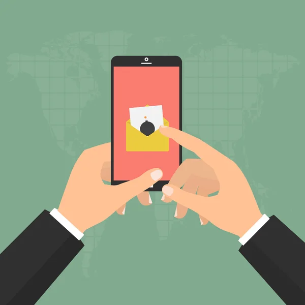 Hands hold smartphone mobile with malware virus bomb email detected. Vector illustration flat design computer technology online internet cyber crime protected concept. — Διανυσματικό Αρχείο