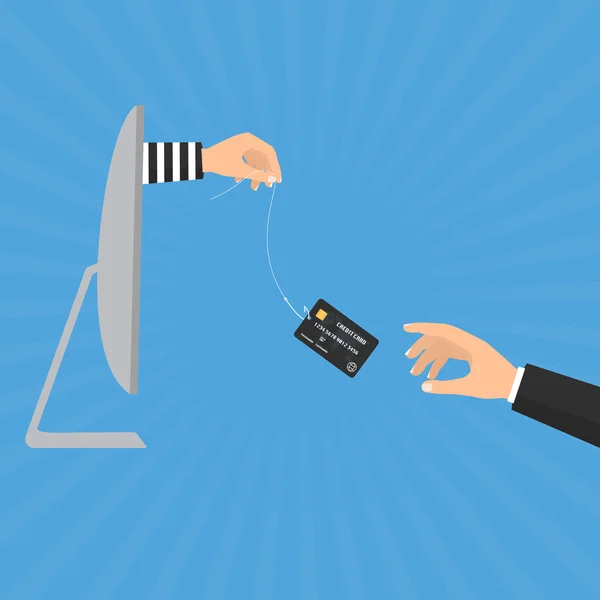 Hacker thief hand with fishing hook with credit cards from computer internet online and victim businessman hand. Vector illustration business and cyber crime concept design. — Stock vektor