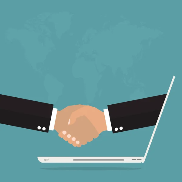 Empresários handshaking do computador on-line depois de um bom negócio no fundo do mapa do mundo. Vector ilustração negócio conceito de rede on-line . — Vetor de Stock