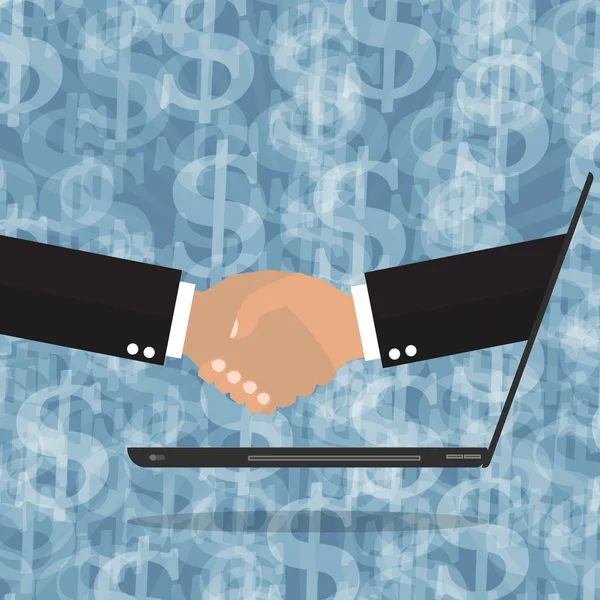 Zakenlieden handshaking van online computer na goede deal op dollarteken achtergrond. Vector illustratie bedrijfsconcept online netwerk. — Stockvector