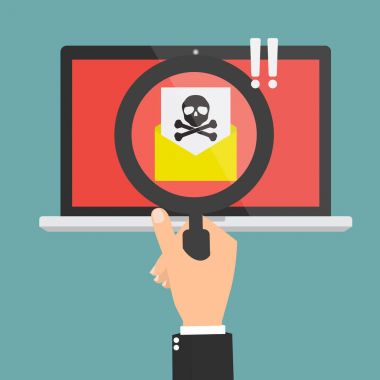 Büyüteç ile insan eli bulunan kafatası ile spam e-posta ve