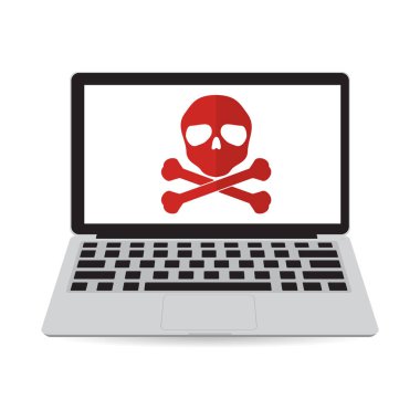 Kafatası kemikleri logo laptop ekran üzerinde çapraz. Siber Suçlar kavramı 