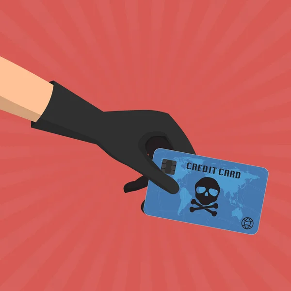 Hakerów kradzież ręki trzymającej nadużyć karty kredytowej z czaszki i cr — Wektor stockowy