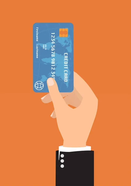 Pebisnis tangan dengan kartu kredit biru untuk pembayaran pada bac oranye - Stok Vektor