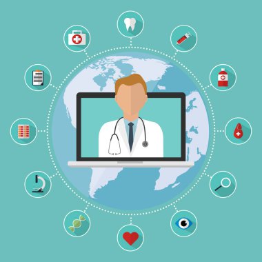 Doktor uzun mamul gölge tıbbi simgesiyle Teletıp için Internet online laptop. Vektör çizim düz tasarım tıbbi sağlık kavramı teknoloji eğilim.