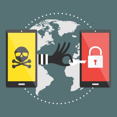 Mobil cep telefonu ile bilgisayar korsanı el ile a anahtar için kurban mobil cep telefonu kilidini. Vektör çizim Siber Suçlar kavramı.