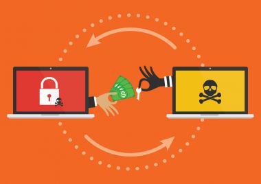 Para tutan işadamı el banknot belgili tanımlık anahtar--dan kesmek için ödeme için bilgisayarın kilidini klasör var ransomware malware virüs bilgisayar Pc. vektör çizim Siber Suçlar kavramı.