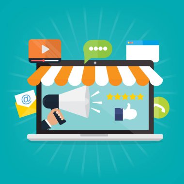 İşadamı el bilgisayar laptop internet reklamcılığı için megafon bekle. Vektör çizim düz stil sosyal medya pazarlama kavramı.