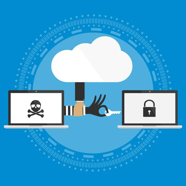 Hacker mano con la clave para hackear a la víctima ordenador portátil protegido con seguridad en la nube.Ilustración vectorial cloud computing diseño de seguridad . — Vector de stock