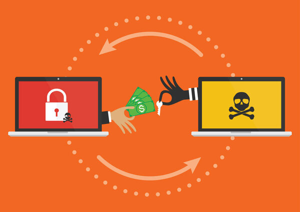 Businessman hand holding money banknote for paying the key from hacker for unlock computer folder got ransomware malware virus computer PC. Vector illustration cybercrime concept.