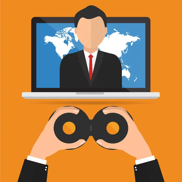Recruitment with binocular looking a candidate internet jobs online position. Vector illustration customer relationship management (CRM) and headhunter human resources concepts. — Stock Vector
