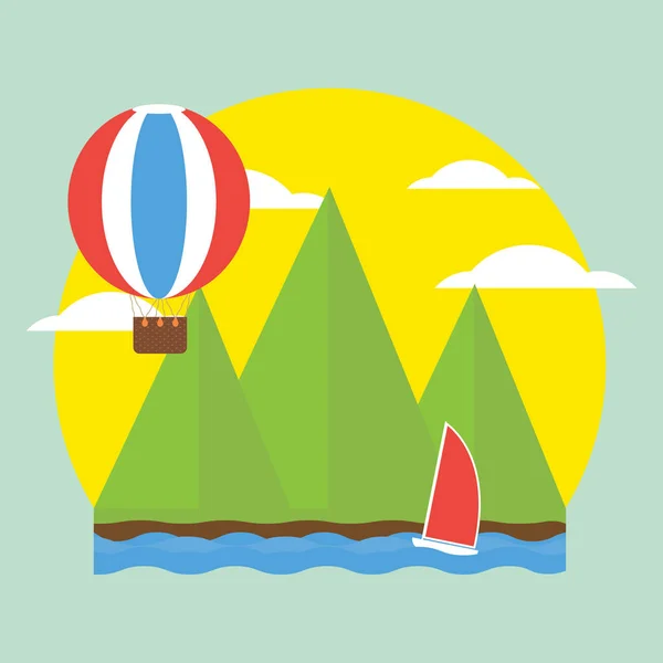 Natur landskap illustration tropisk ö med segelbåt och luftballong på solen bakgrund. Vektor illustration platt design sommaren semester perfekt semester koncept. — Stock vektor