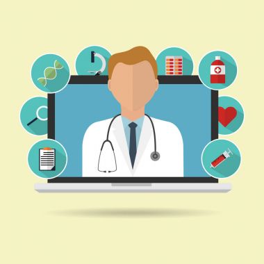 Doktor uzun mamul gölge tıbbi simgesiyle Teletıp için Internet online laptop. Vektör çizim düz tasarım tıbbi sağlık kavramı teknoloji eğilim.