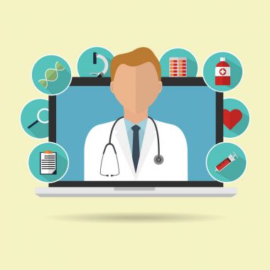 Doctor on internet online laptop for telemedicine with longs shadow medical icon. Vector illustration flat design medical healthcare concept technology trend. clipart