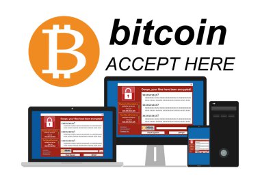 Kötü amaçlı yazılım Ransomware wannacry virüs dosyaları ve gösteri masaj dizüstü bilgisayar Pc ekranı ve mobil cihaz ekran üzerinde bitcon ödeme için şifreli. Vektör çizim siber suçlar ve siber güvenlik kavramı.