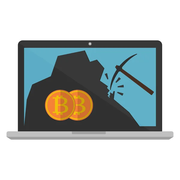 Komputer laptop monitor wyświetlanie wydobywanie bitcoin na białym tle. Wektor ilustracja Bitcoin mining koncepcja. — Wektor stockowy