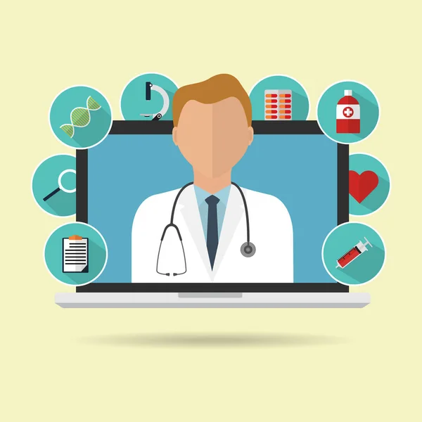 Orvos internet online laptop a távorvoslás longs árnyék orvosi ikonnal. Vektoros illusztráció lapos kivitel orvosi egészségügyi koncepció technológia trend. — Stock Vector