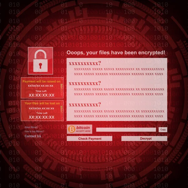 Malware Ransomware virus wannacry dienkripsi file dan menunjukkan pijat untuk pembayaran bitcon pada kode biner dan gigi latar belakang. Vector illustration cybercrime and cyber security concept . - Stok Vektor