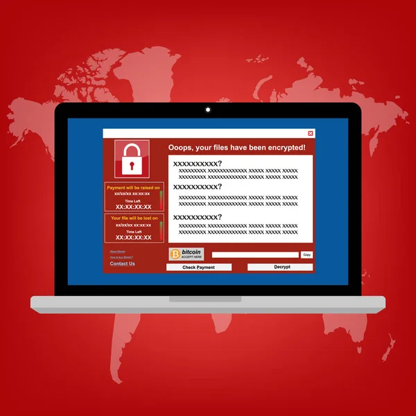 Malware Ransomware wannacry virus gecodeerde bestanden en Toon massage voor betaling van de bitcon. Vector illustratie cybercriminaliteit en cyber security concept. — Stockvector