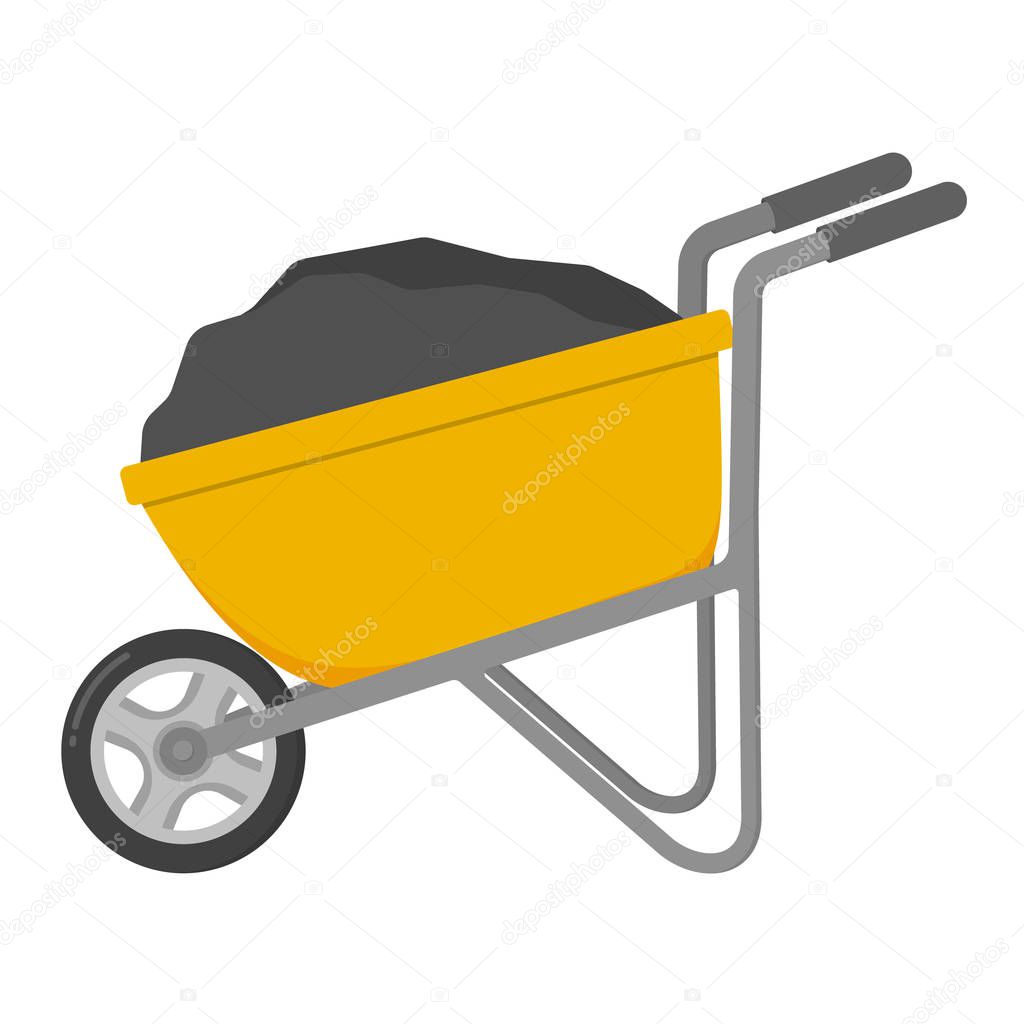 Yellow Wheelbarrow filled with soil isolate on white background.