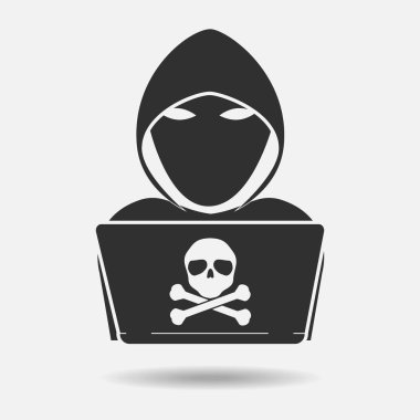 Hacker simge siyah gölge ile kafatası kemik beyaz arka plan üzerinde çapraz. Vektör çizim siber suç online güvenlik kavramı.