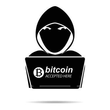Hacker simge siyah gölge ve bitcoin ödeme ransomware saldırı kurbanı için. Vektör çizim siber suç online güvenlik kavramı.