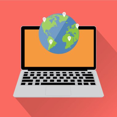 Bilgisayar dizüstü hedef seyahat için Dünya Haritası ile. Vektör çizim online rezervasyon ve yaz tatil düz tasarım stili planlama.