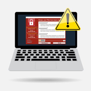 Ünlem işareti ve wannacry malware ransomware ile bilgisayar laptop. Vektör çizim siber suçlar ve siber güvenlik kavramı.