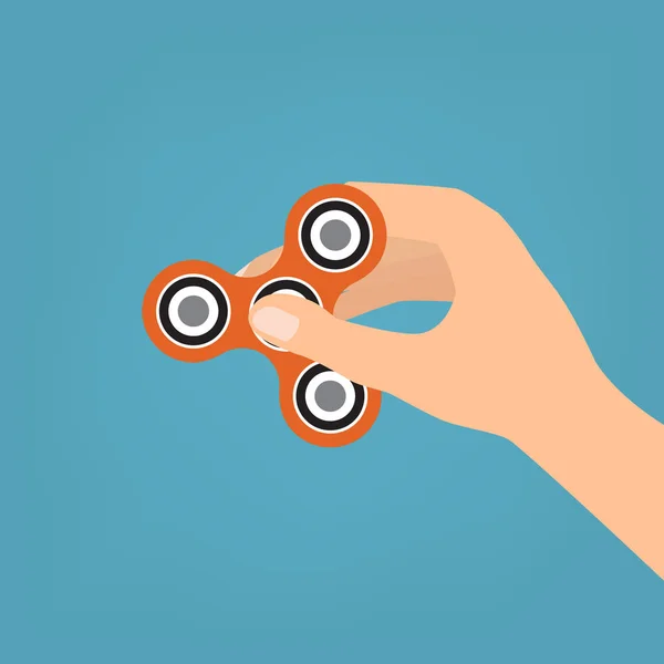 Menschliche Hand mit Handspinner, Fidget Spinner Spielzeug für erhöhten Fokus auf blauem Hintergrund. Vektorillustration. — Stockvektor