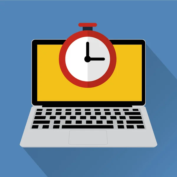 Reloj en el ordenador portátil con sombra larga. Ilustración vectorial concepto de horas de trabajo online . — Archivo Imágenes Vectoriales