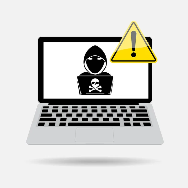 Ordenador portátil con signo de exclamación y hacker sombra negro en la pantalla. Ilustración vectorial de ciberdelincuencia y ciberseguridad . — Vector de stock