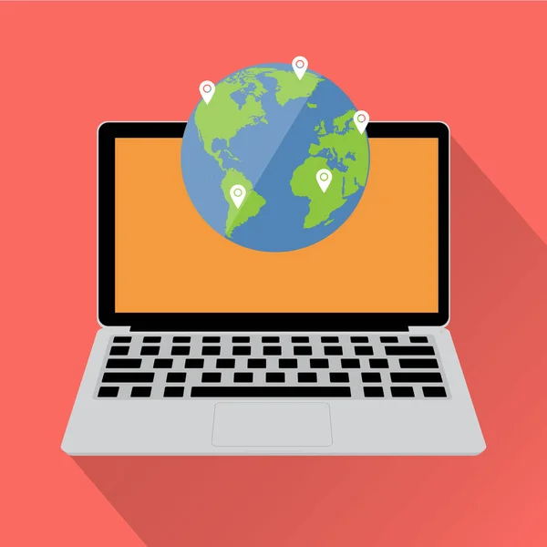 Számítógép laptop world map utazik rendeltetési hely. Vektoros illusztráció foglalás online, és egy nyári vakáció lapos kivitel stílus tervezés. — Stock Vector