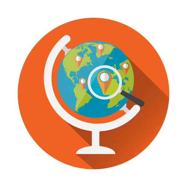 Globe et loupe guide de point de destination de voyage avec une longue icône d'ombre. Illustration vectorielle concept icône guide de voyage . — Image vectorielle