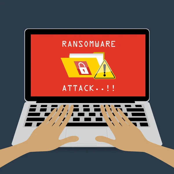 Mãos humanas em laptop de computador com bloqueio de pasta Ponto de exclamação e ataque ransomware malware. Ilustração vetorial cibercrime e cibersegurança conceito . —  Vetores de Stock