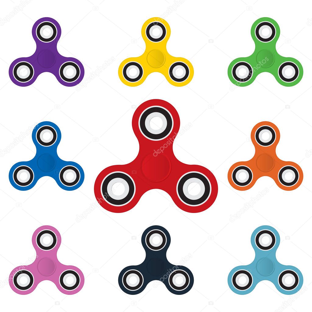 Group of Hand spinner color, Fidget Spinner toy for increased focus on white background with shadow for banner. Vector illustration.