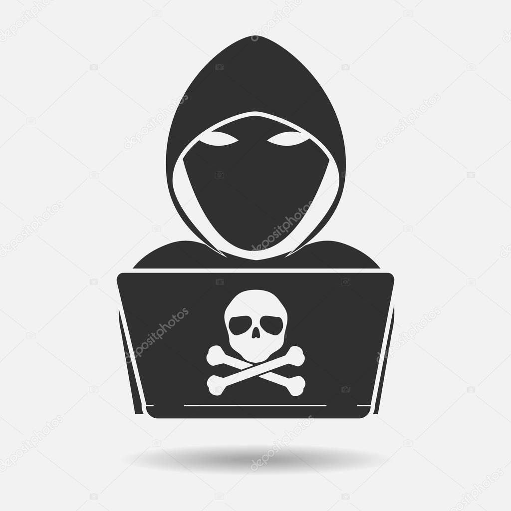Hacker icon black shadow with skull cross bone on white background. Vector illustration cyber crime online security concept.